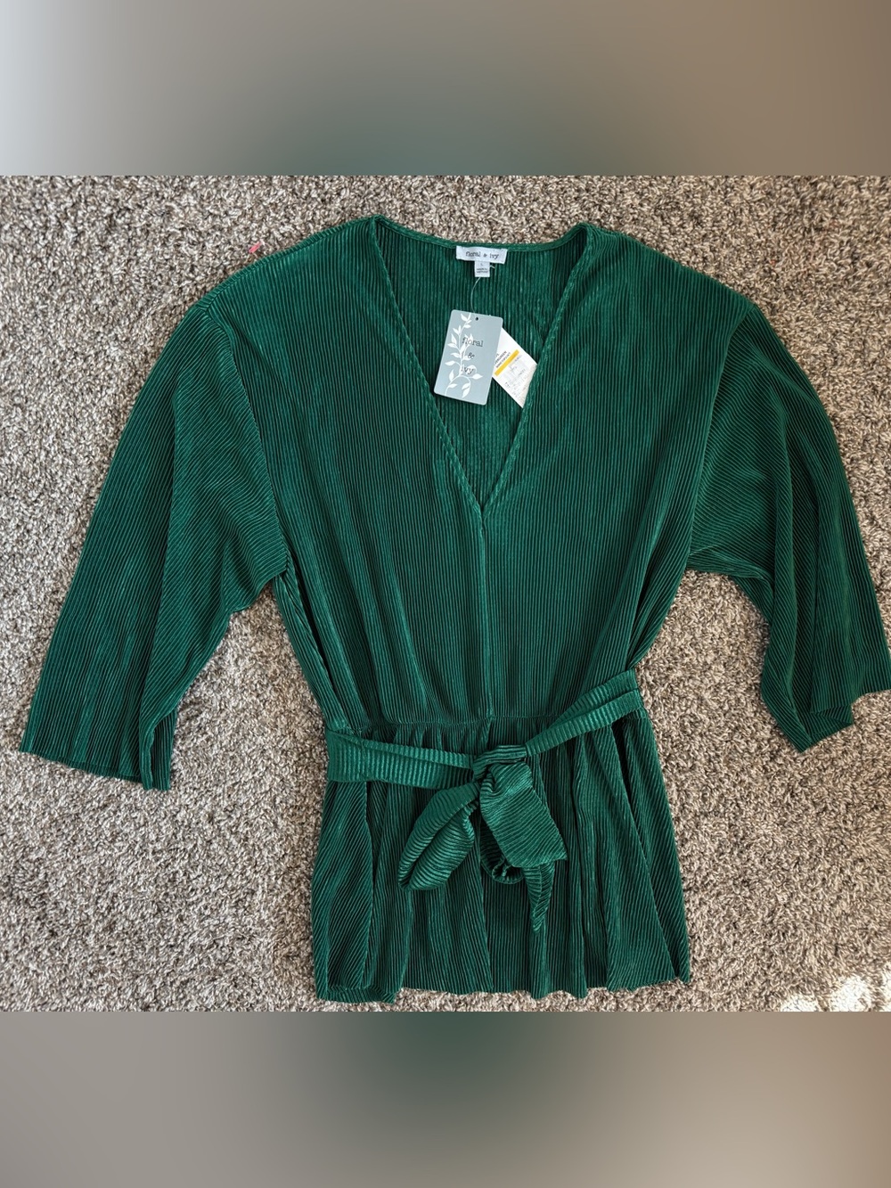 Emerald Green Pleated Blouse with Tie Waist